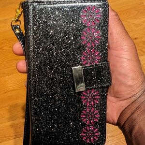 iPhone 4 wallet case black and rose colored glitter